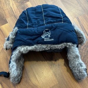 Mad bomber rabbit fur Trapper Hat dark blue, chin strap, ear flap size S